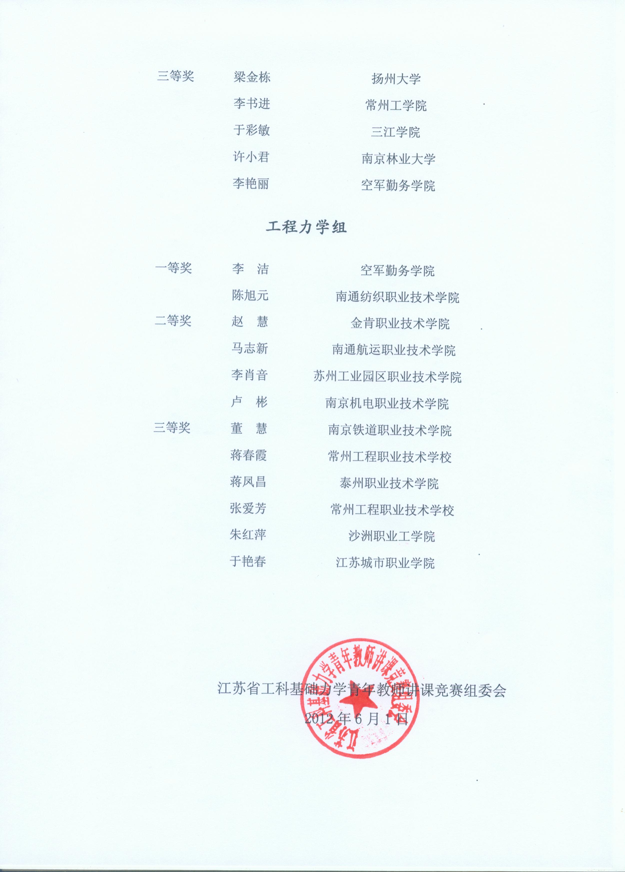 第六届江苏省工科基础力学青年教师讲课竞赛获奖名单公示